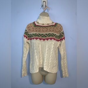 Liz Claiborne Cream pink Green fair isle knit turtle neck Sweater petite L ramie